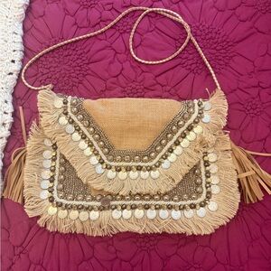 SHASHI Tan and Gold Beaded Crossbody Bag